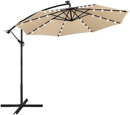 10FT Solar Patio Offset Umbrella w/32 LED Lights Handy Crank, Tan | 8 Ribs UV Protection Outdoor Cantilever Hanging