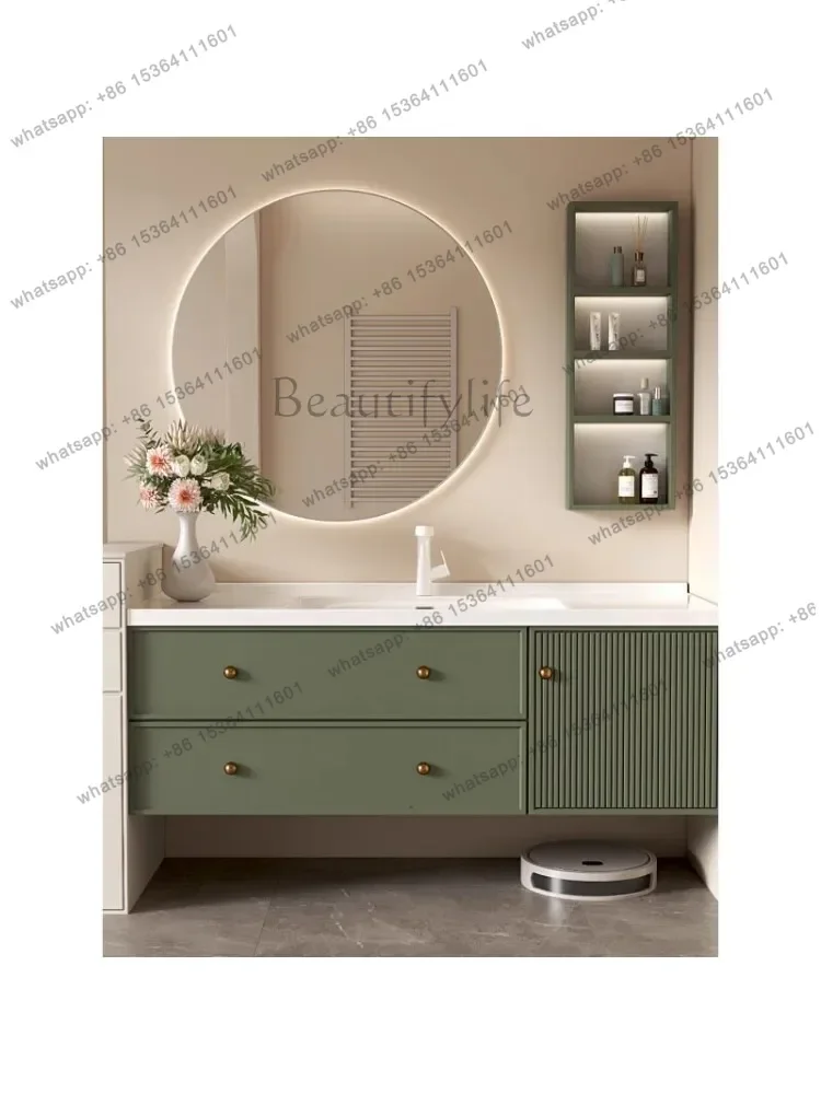 Oak cream small French light luxury retro smart bathroom cabinet integrated face wash sink basin cabinet