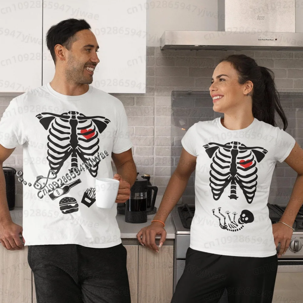 2026 Herren Halloween Skelett Schwangerschafts-Baby Halloween T-Shirt Totenkopf-Knochen-Druck Kurzarm Damen Herren Halloween Paar T-Shirt – Detail 23