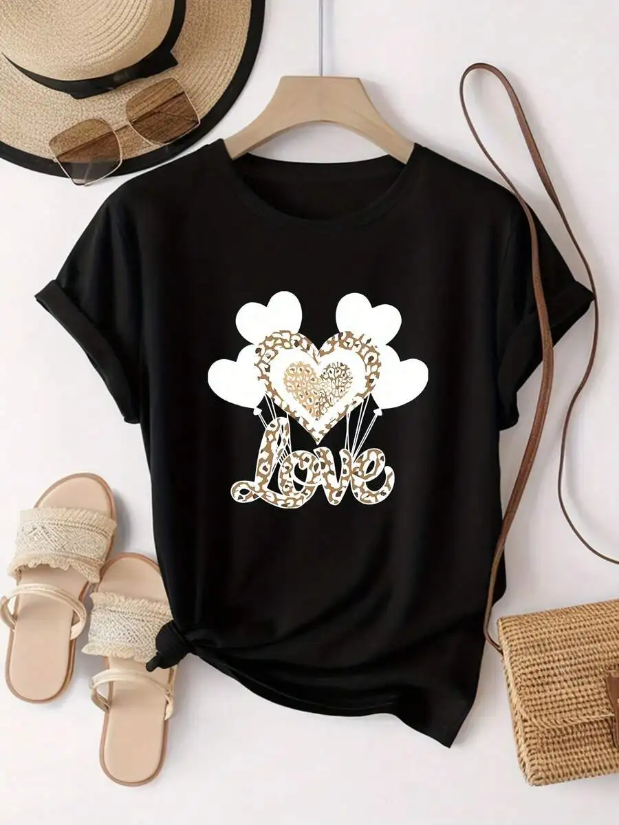 

Womens Crew Neck Short Sleeve Cotton T-Shirt With Leopard Heart Balloon Print Casual Top