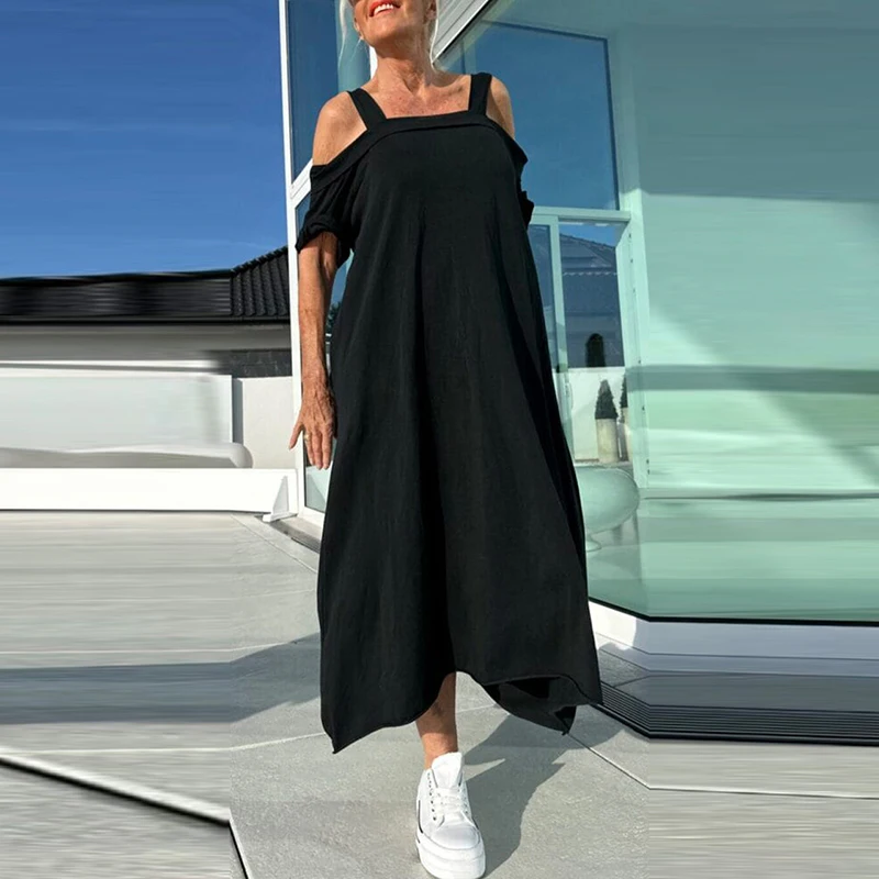 여름 할로우 반팔 느슨한 롱 드레스 캐주얼 오프 숄더 포켓 풀오버 드레스 우아한 솔리드 컬러 홀리데이 드레스 Vestido