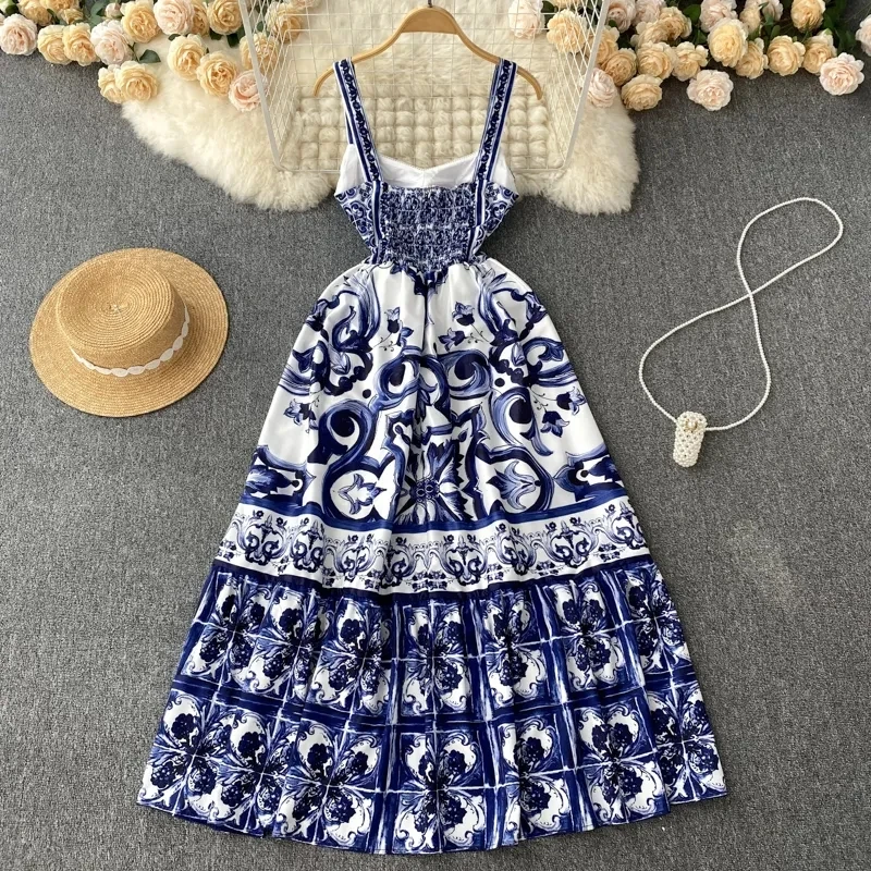 Women's V-Neck Red Blue and White Print Spaghetti Strap Holiday Maxi Dress Summer Runway Floral Print Vacation Long Robes