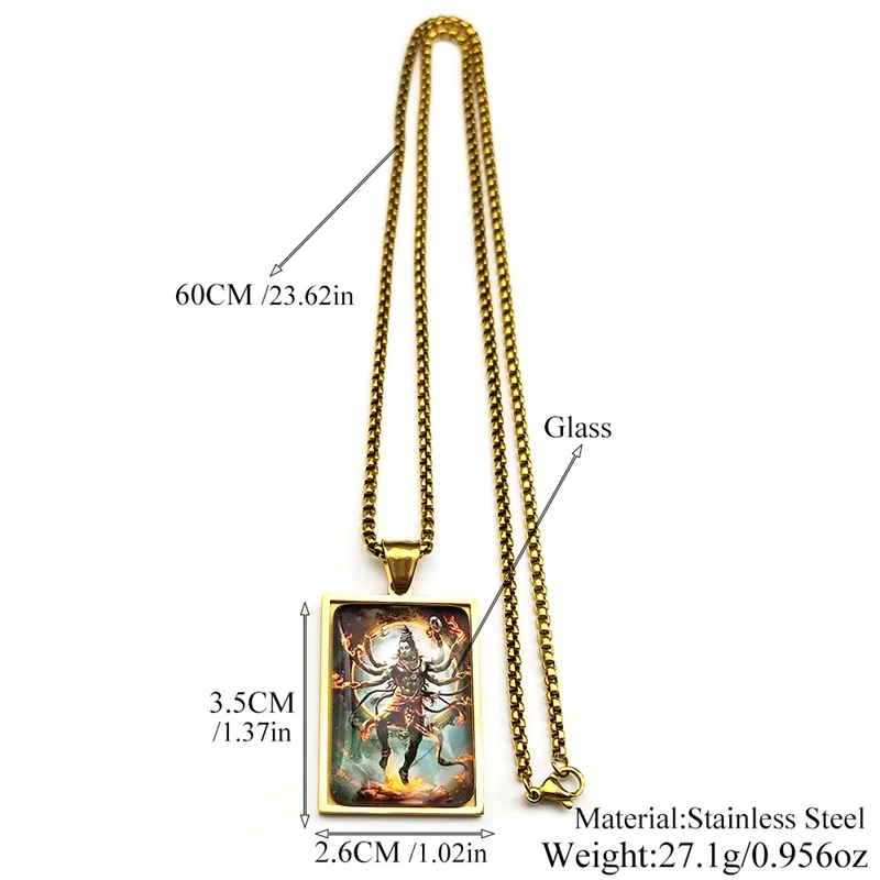 인도 힌두교 시바 직사각형 유리 펜던트 목걸이 남녀용 스테인리스 스틸 골드 컬러 체인 힌두교 부적 장신구