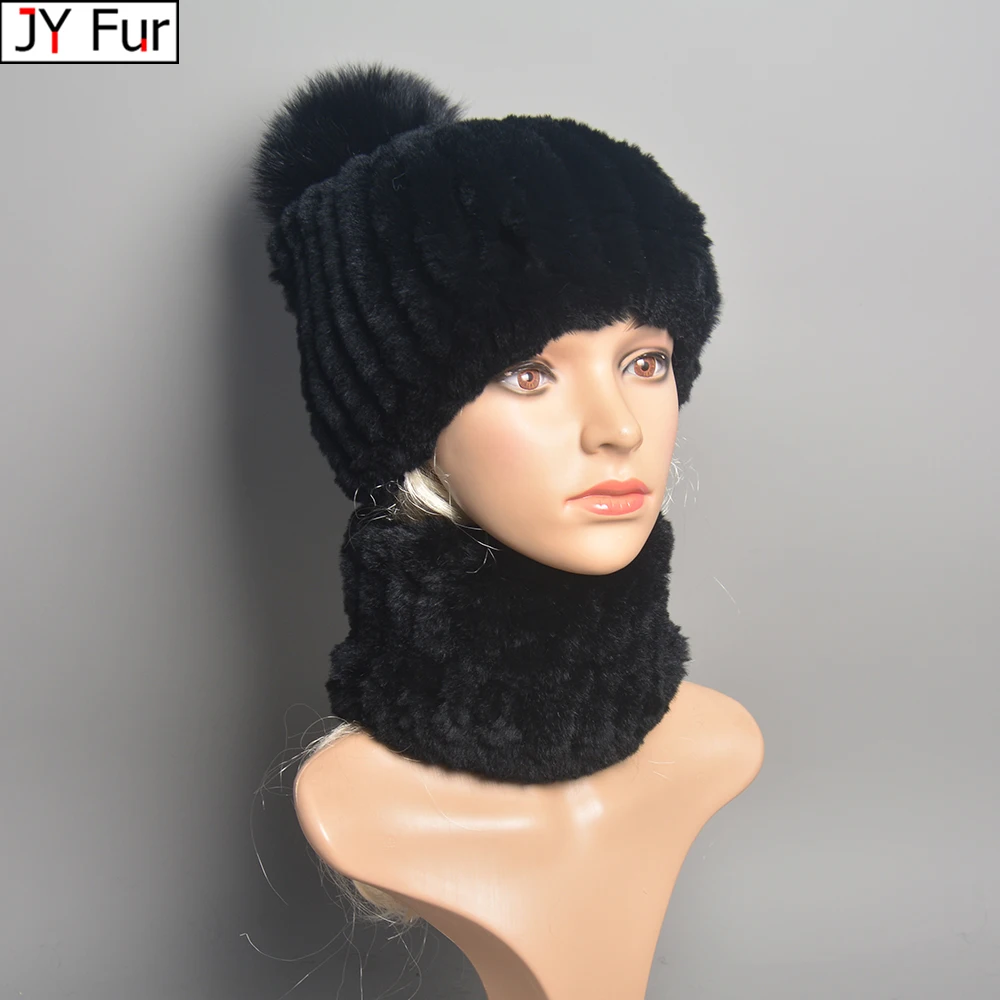 New Women Winter Real Rex Rabbit Fur Hat Scarf Sets Natural Rabbit Fur Cap Scarves 2 Pieces Lady Warm Rex Rabbit Fur Hat Muffler