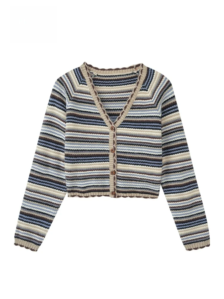 

GOFAR Vintage Striped V-Ne Knitted Open Cardigan Women's Long Sve ort Sweater Jaet Spring Retro Sle Button Closure