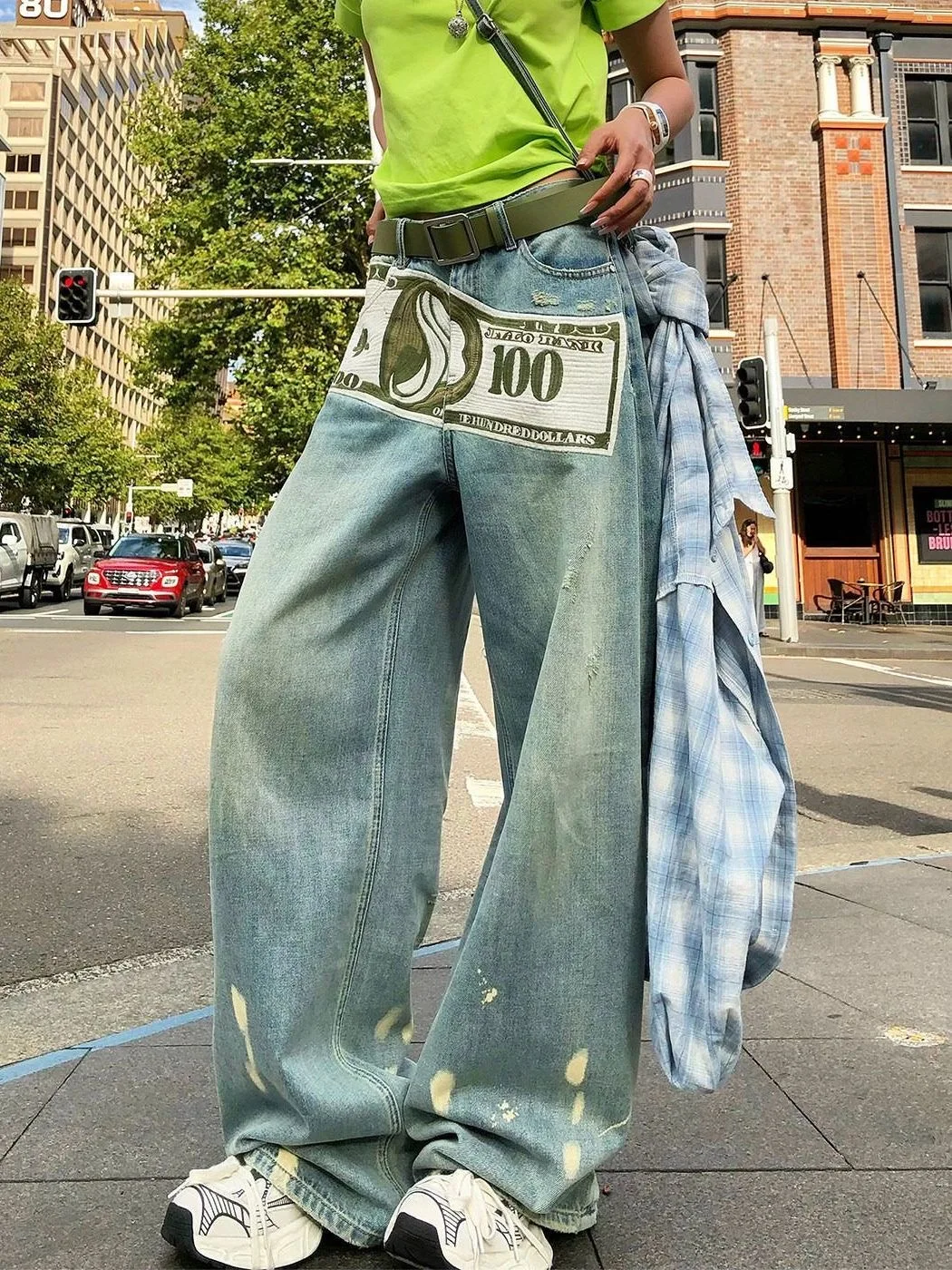 

American Retro Washed Design Printed Women's Jeans Straight Leg Wide Leg Long Pants Spring New Style Natural Waist Denim