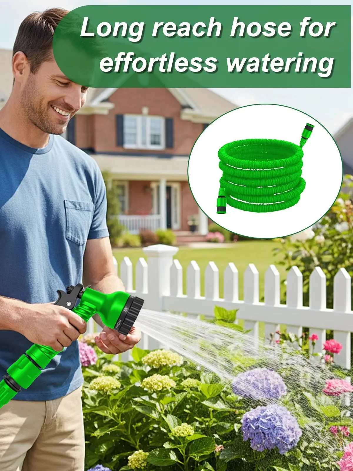 45FT grüner, ausziehbarer Gartenschlauch mit 6 Sprühmustern, Wasserpistole, einziehbarer, flexibler Wasserschlauch für Garten, Rasen, Autowäsche