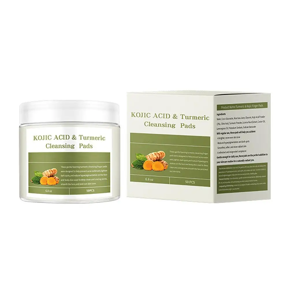 Novo 50 pçs almofadas de limpeza de ácido kójico manchas escuras maquiagem poros remoção suave cúrcuma limpeza rosto algodão esfoliante e4g3