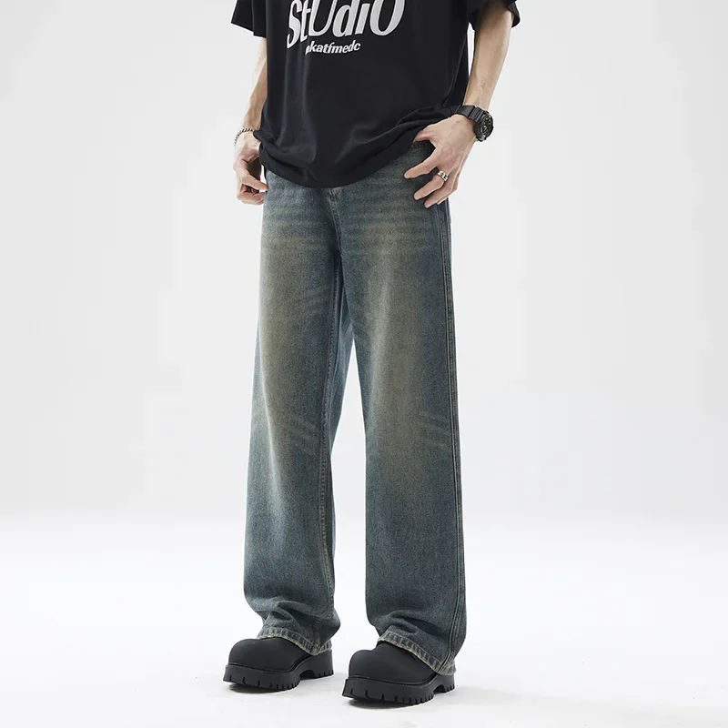 

Jeans Men Denim Wide Leg Pants Long Pant Splice Pockets Loose Casual Regular High Waist Straight Trousers Autumn Winter 2024