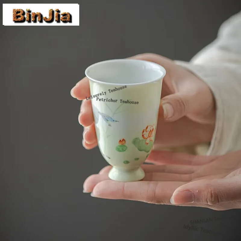 

90ml Handdrawn Lotus Art Kung Fu Tea Cup Handmade Ceramic Master Cup Single Smelling Fragrance Mug Kung Fu Teaware Gift Box