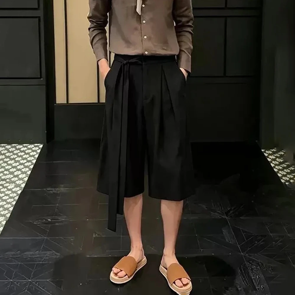2026 Summer New Men's Solid Color Wide-Leg Capri Pants American Retro Fashion Trendy Casual Breathable Simple Men's Bottoms