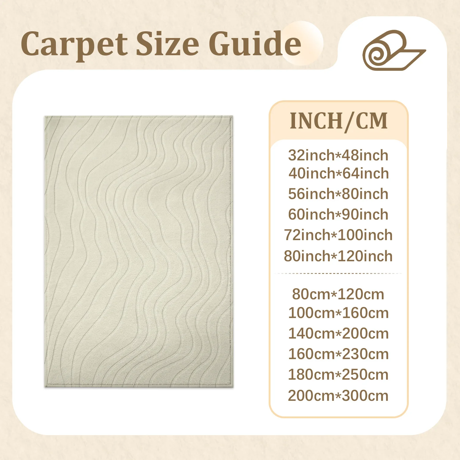 Large Indoor Area Rug, Soft Velvet Low Pile Floor Rug with Non-slip Dotted Backing, Machine Washable Subtle Wavy Line Pattern Light Beige Rug for Living Room and Bedroom Home Decor
