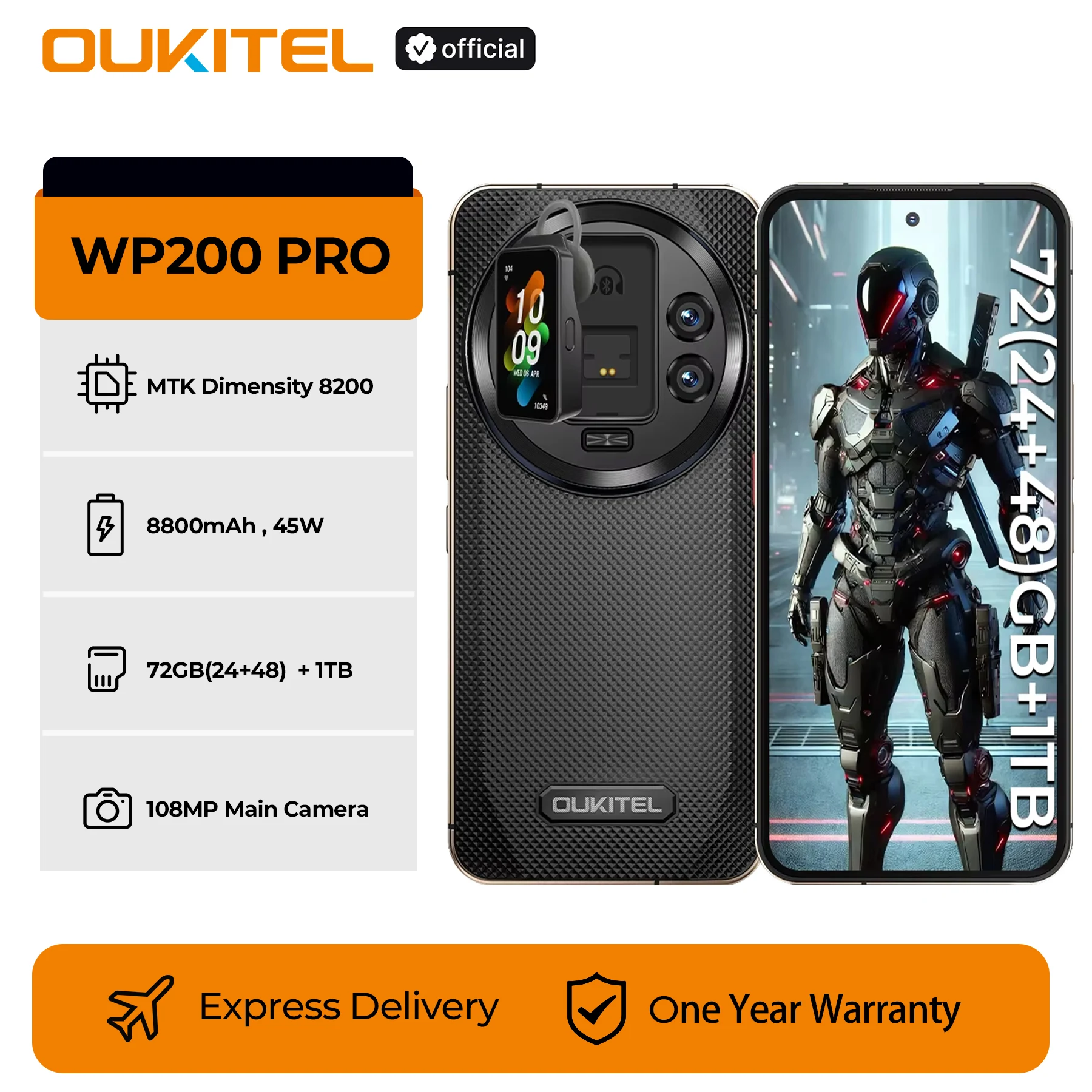 Oukitel WP200 Pro Rugged Phone with Detachable Earphone Watch, 72GB+1TB MTK8200 5G Modular Smartphone Android 15 108MP Cellphone