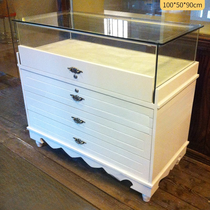 Clothing Store Accessories Counter Jewelry Glass Display Cabinet Wood Paint Cabinet Antique Product Display Shelf