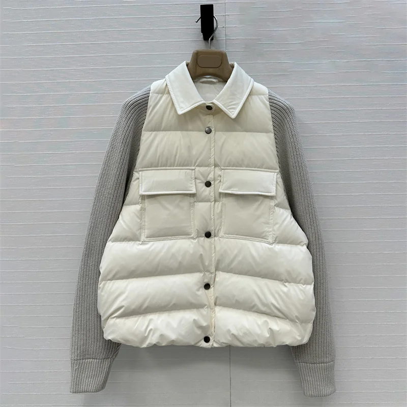 Women's winter down jacket New winter 2025 single breasted slim fit thick coat Elastic knit spliced goose down filled down coats