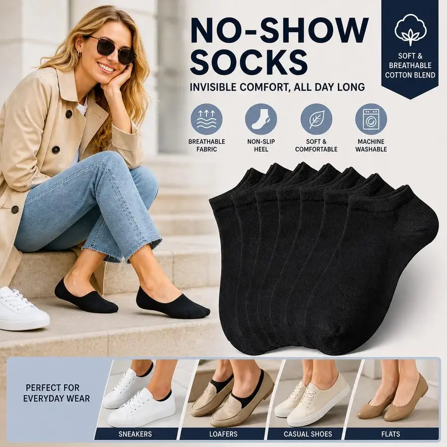 

10 Pairs Black No-Show Socks Soft Breathable Cotton Blend Invisible Ankle Socks For Women And Men
