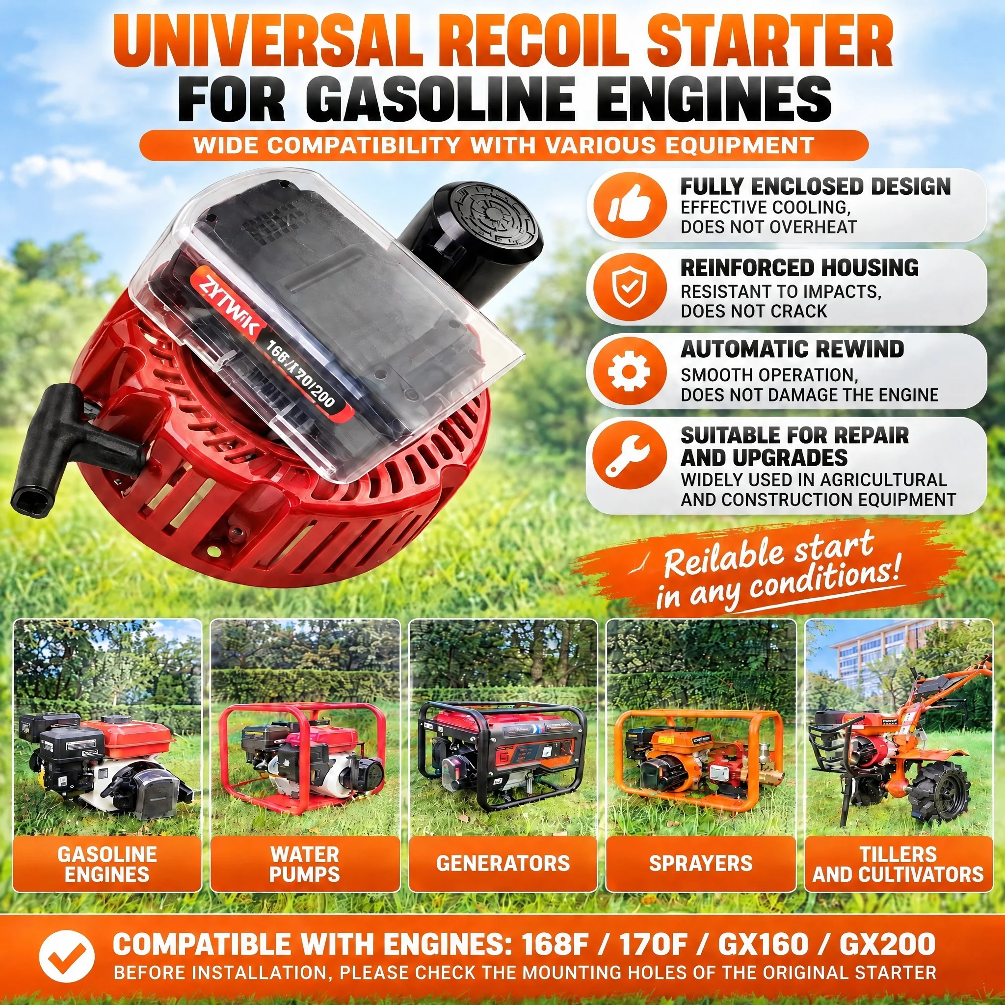 168F/170F/GX160/GX200 Lithium Battery Micro Cultivator Sprayer Water Pump Modification One-button Electric Start Small Gasoline