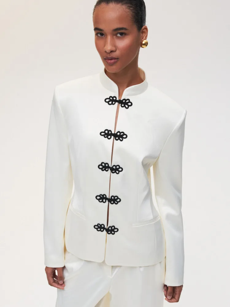 Blazer court décontracté TOKO pour femme, style chinois, col mandarin, boutons grenouille, collection Printemps-Été 2026, tendance et élégant