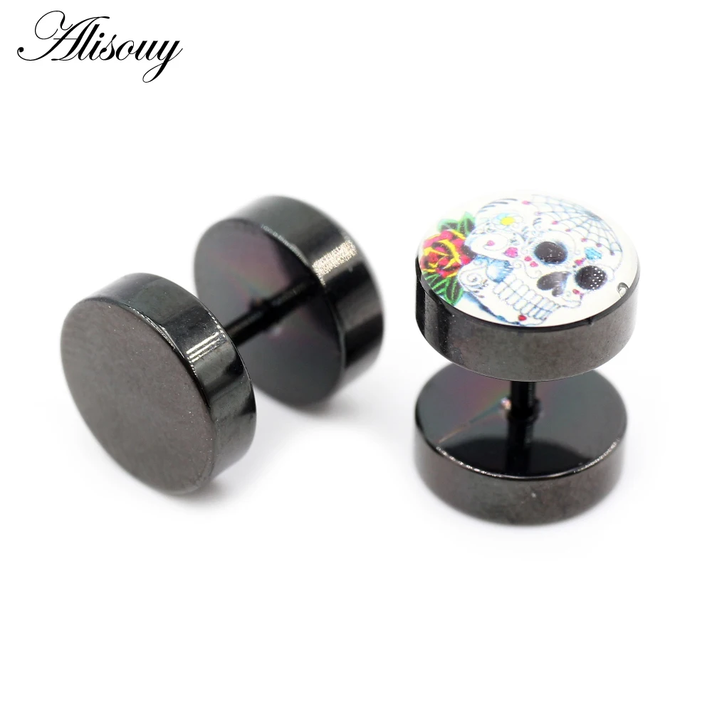 Alisouy 2PC Steel Stud Earring for Men Women Black Skull Ear Stud Barbell Piercing Fashion Fake Ear Plugs Punk Men Earrings