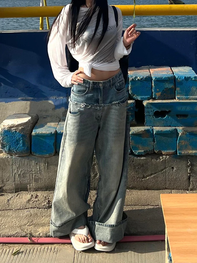 Runway Double-layer Splicing Double Waist Washed Distressed Destruction Baggy Jeans Women's Wide Leg Denim Pants New