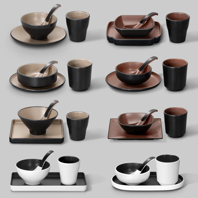 Vajilla de melamina de dos colores, cuenco, plato, cuchara, taza, juego de cuatro piezas, estilo japonés, Sushi, restaurante, barbacoa, cocina