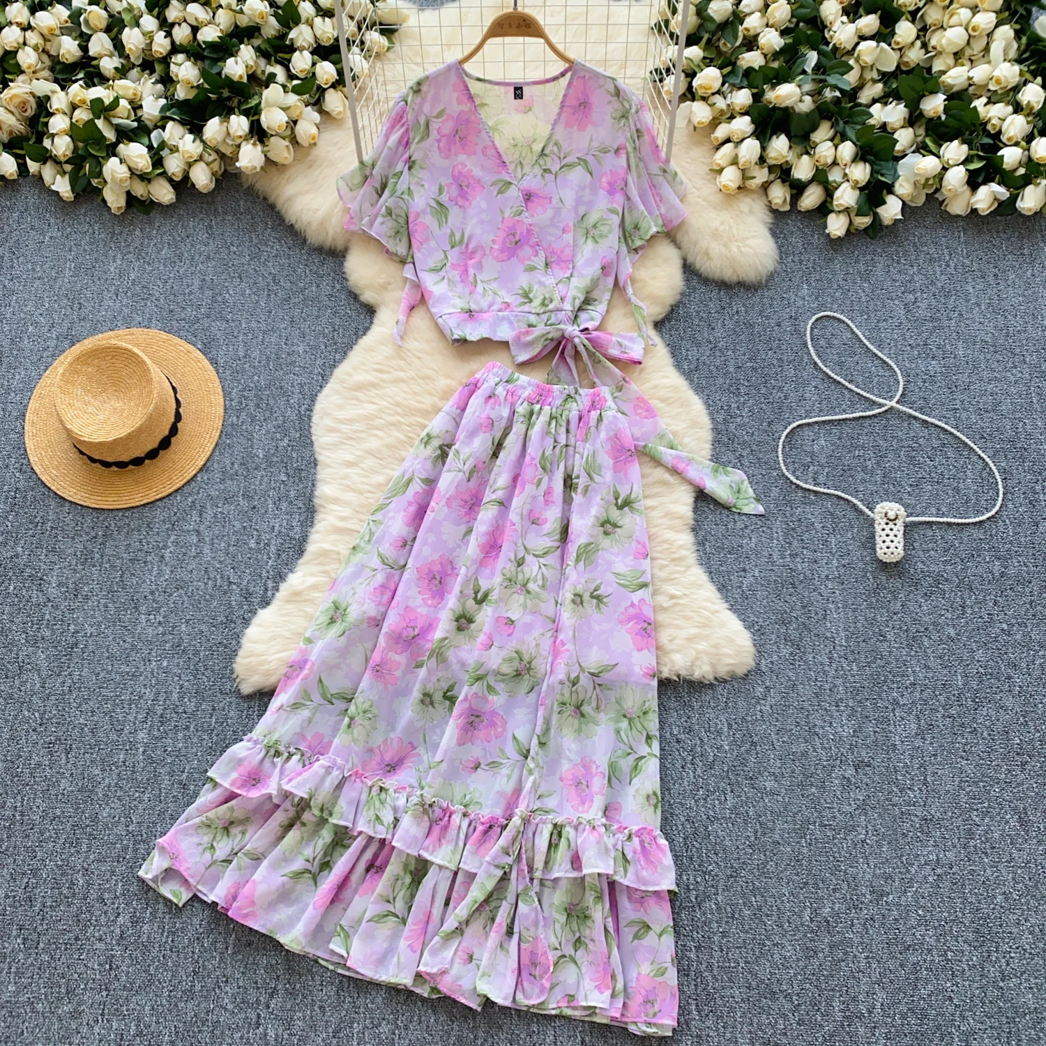 Chic Print Women Two-Piece Sets Vintage V-neck Slim Criss-Cross Bandage Top High Waist Skirt Korean High Street Summer Clothing