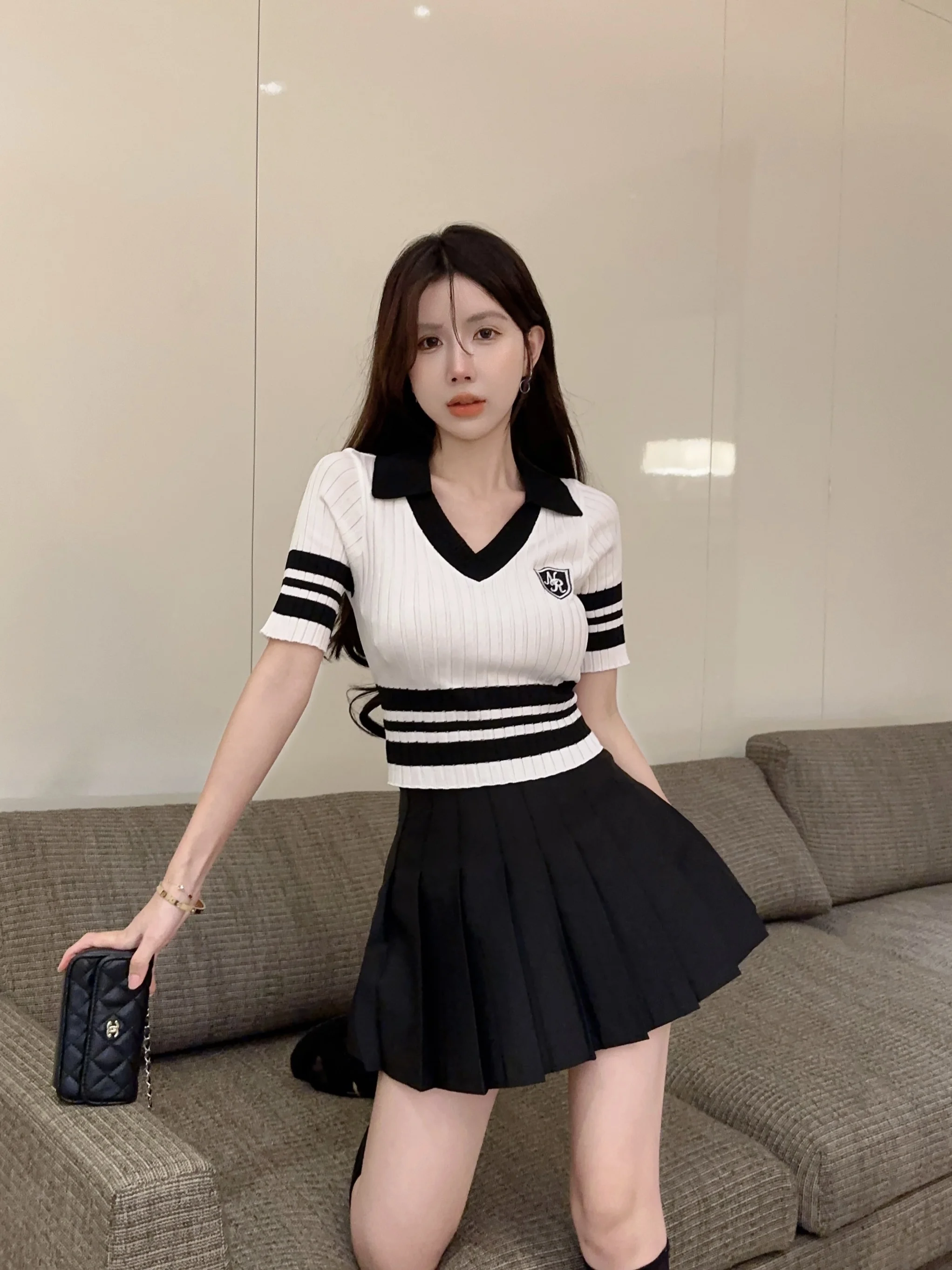 GAODINGLAN Polo V Neck Knitted T-shirt Women Short Sleeve Slim Tight Sexy Crop Tops Summer High Waist Y2k Short Bottom Tees