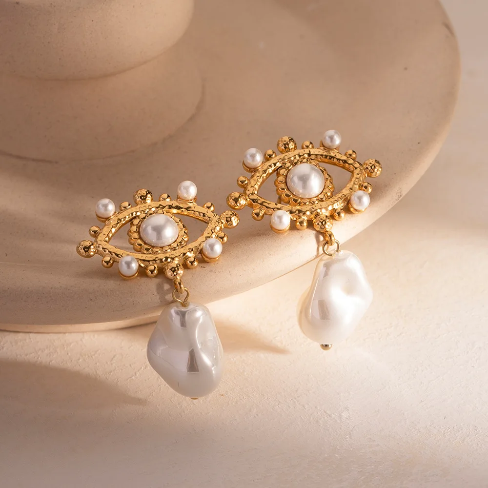 

PRISCA | Evil Eye Pearl Earrings Stainless Steel Women Charm Party Jewelry 18k Gold Hot Sale Wholesale