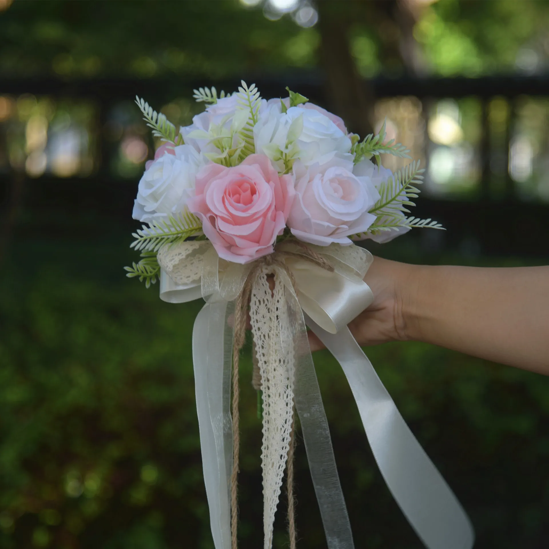 

White Bridal Bouquet for Bride, 9Inch Pink Wedding Bouquets for Bride, Artificial Roses Flowers Wedding Decoration