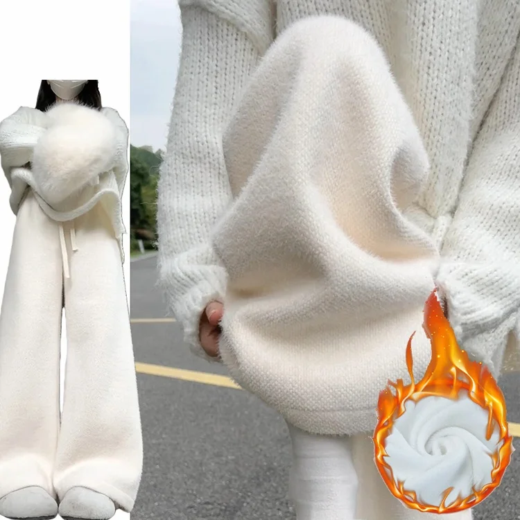 Thiened ニットミンクファー裏地付きカジュアルパンツ女性の秋冬ハイウエストストレートレッグ暖かいレジャーパンツ通勤 Sle