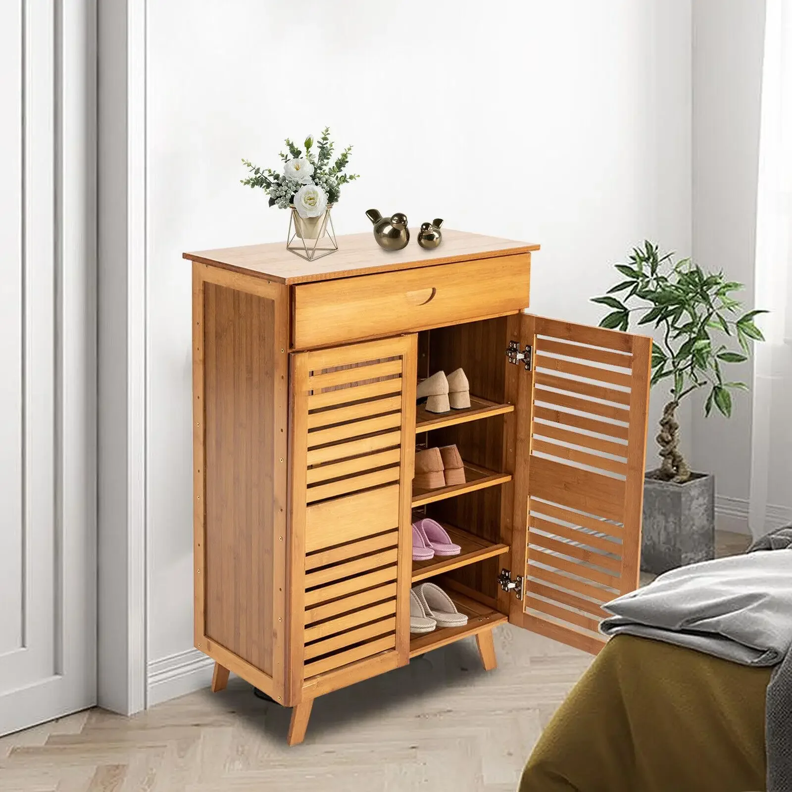 

4-Tier Bamboo Shoe Cabinet Shutter Door Cabinet Boots Shelf Bookcase Organizer Drawer Pantry Kitchen Cabinet