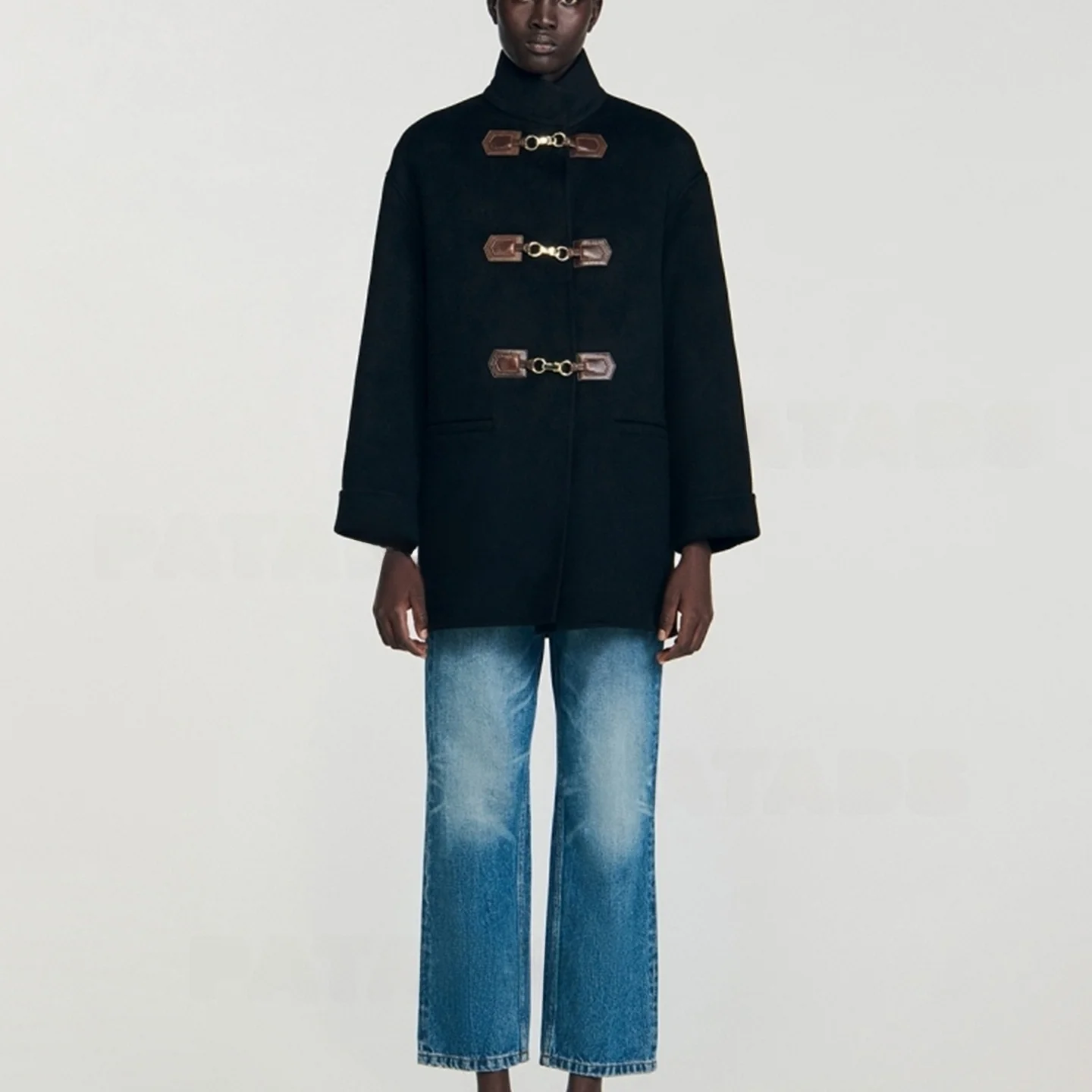 M Home Otoño Invierno Abrigo de lana retro para mujer Cuello alto Cuero Metal Bule Thiened Prendas de abrigo de punto OL Sle Long Sl...