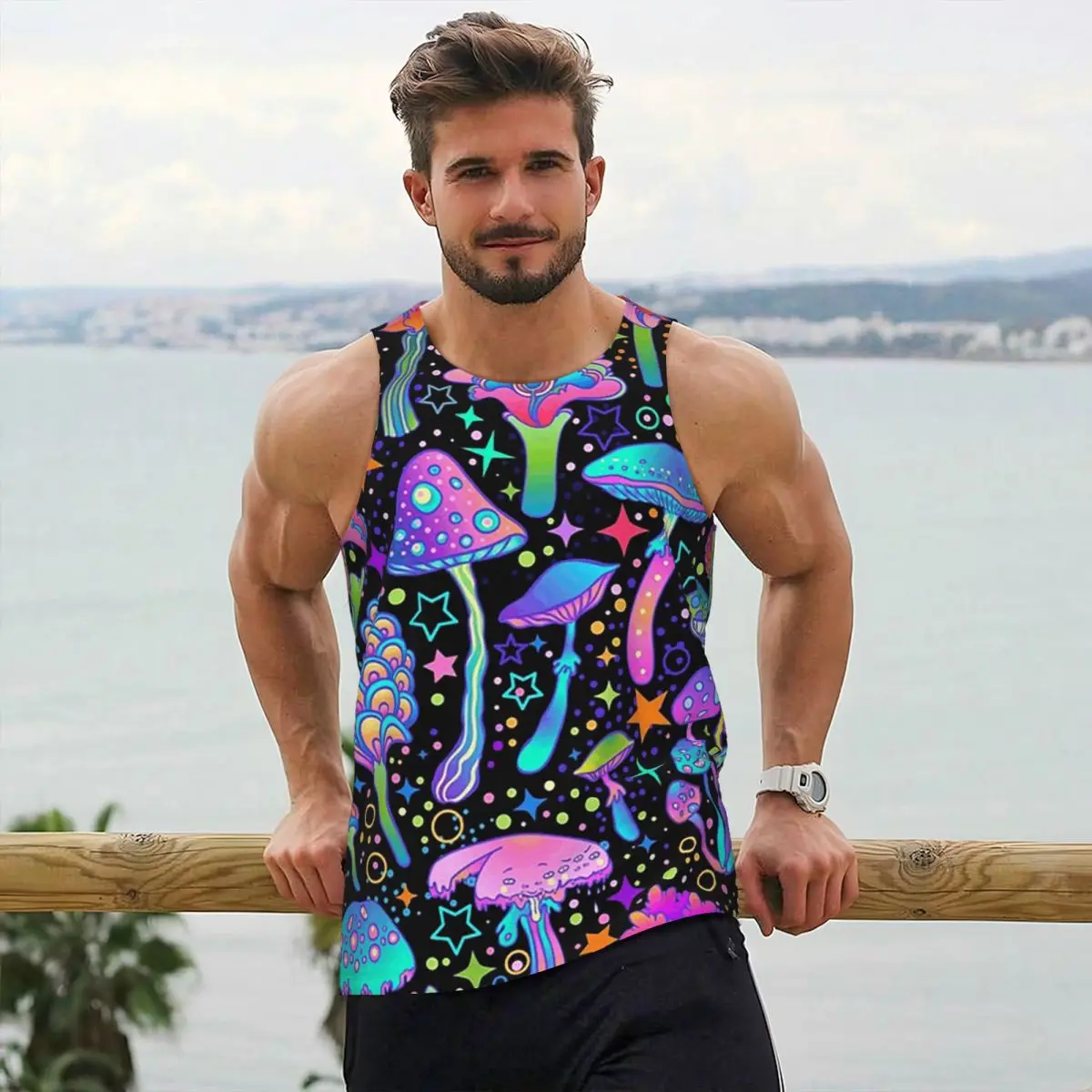 

Psychedelic Magic Mushrooms Print Lava Gym Tank Bodybuilding Vest Fitness Sleeveless Tops Quick Dry Men Workout Sports Clothing