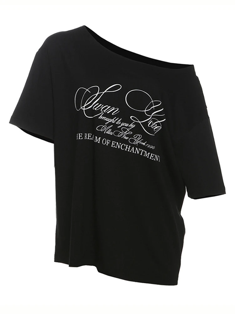 Sisterlinda 2025 T-shirt di nuova tendenza da donna con stampa di lettere spalla inclinata manica corta moda quotidiana stile versatile streetwear