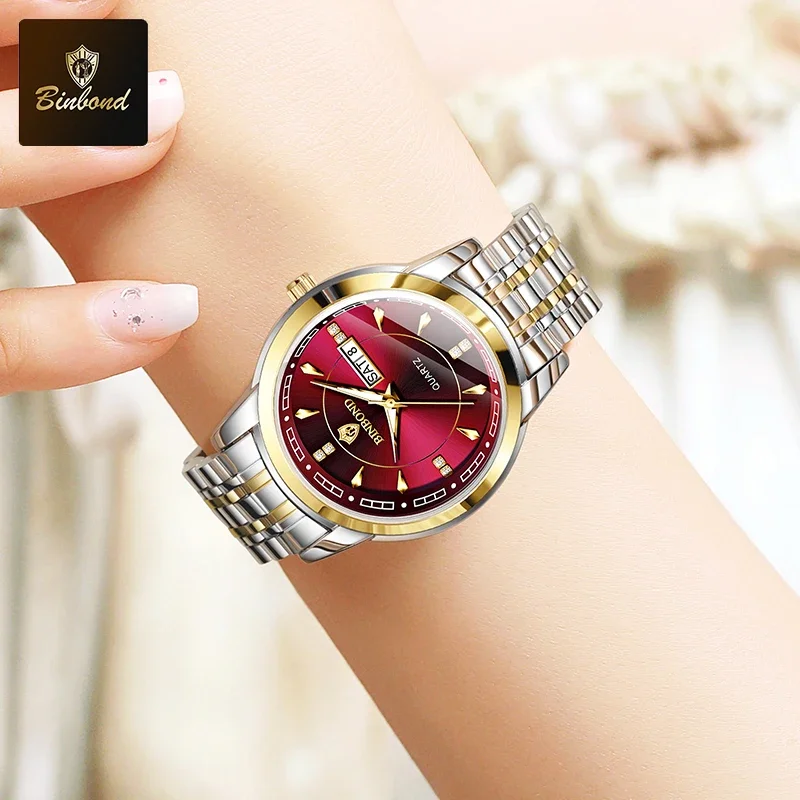 BINBOND أزياء السيدات كوارتز ساعة اليد الفاخرة الفولاذ المقاوم للصدأ للماء المرأة ووتش مضيئة الساعات النسائية الساعة الأصلية #5