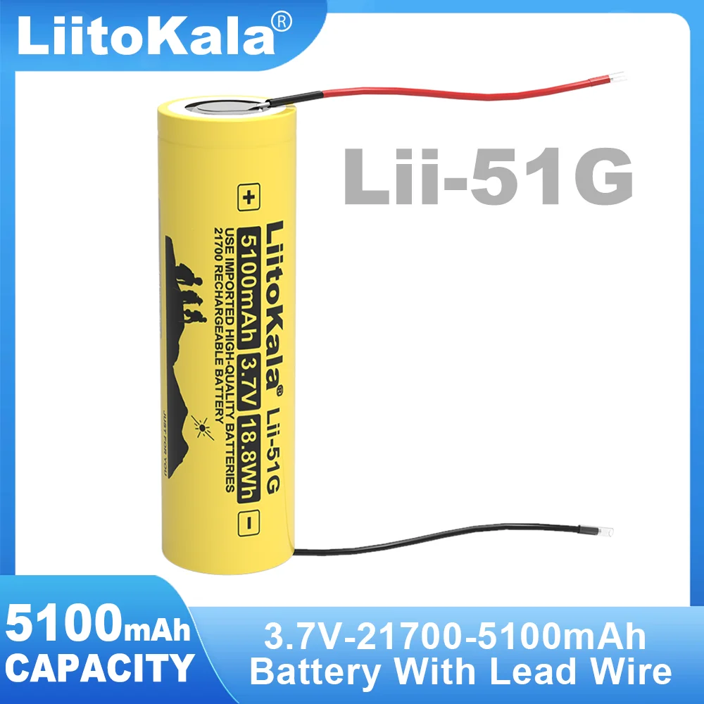 8PCS Liitokala Lii-51G DIY Wire 3.7V 5100mAh 21700 For Flashinglight High-capacity 100% Original Lithium Battery