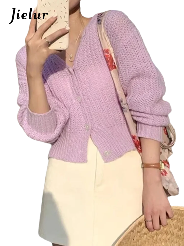 Jielur Autumn New Solid Color Loose Women\'s Cardigan Sweet Ladies Korean Cardigan Woman White Pink Yellow Green Knitted Cardigan