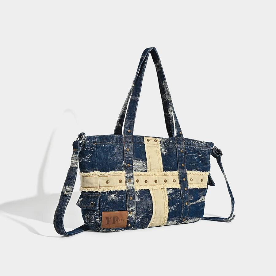 Casual Large Capacity Tote Bag For Women Luxury Designer Handbags And Purses 2025 New In Denim Splicing Rivet Underarm Shoulder