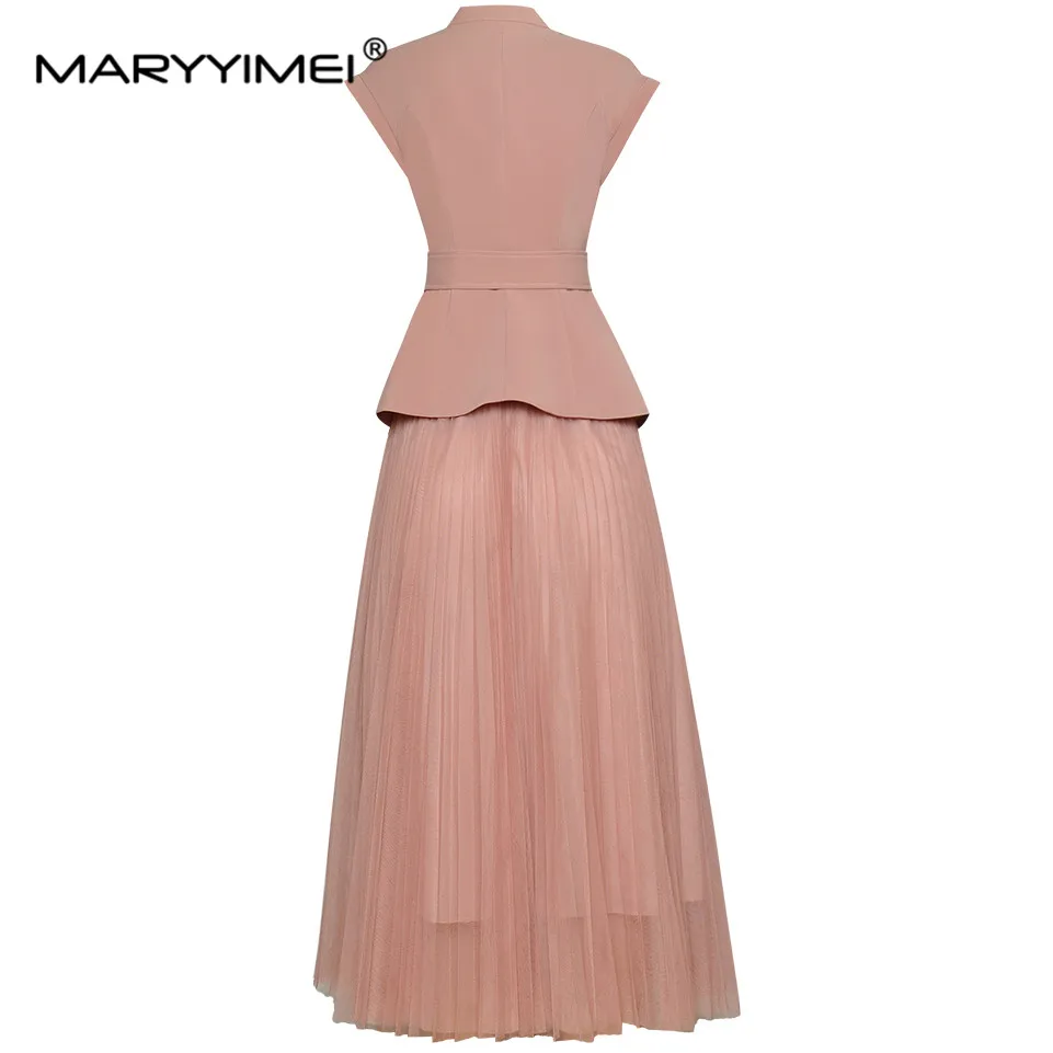 MARYYIMEI Fashion Designer Set Summer Women Stand collar Single-breasted Slim Top+Elasticity A-line mesh Skirts 2 Pieces Suit