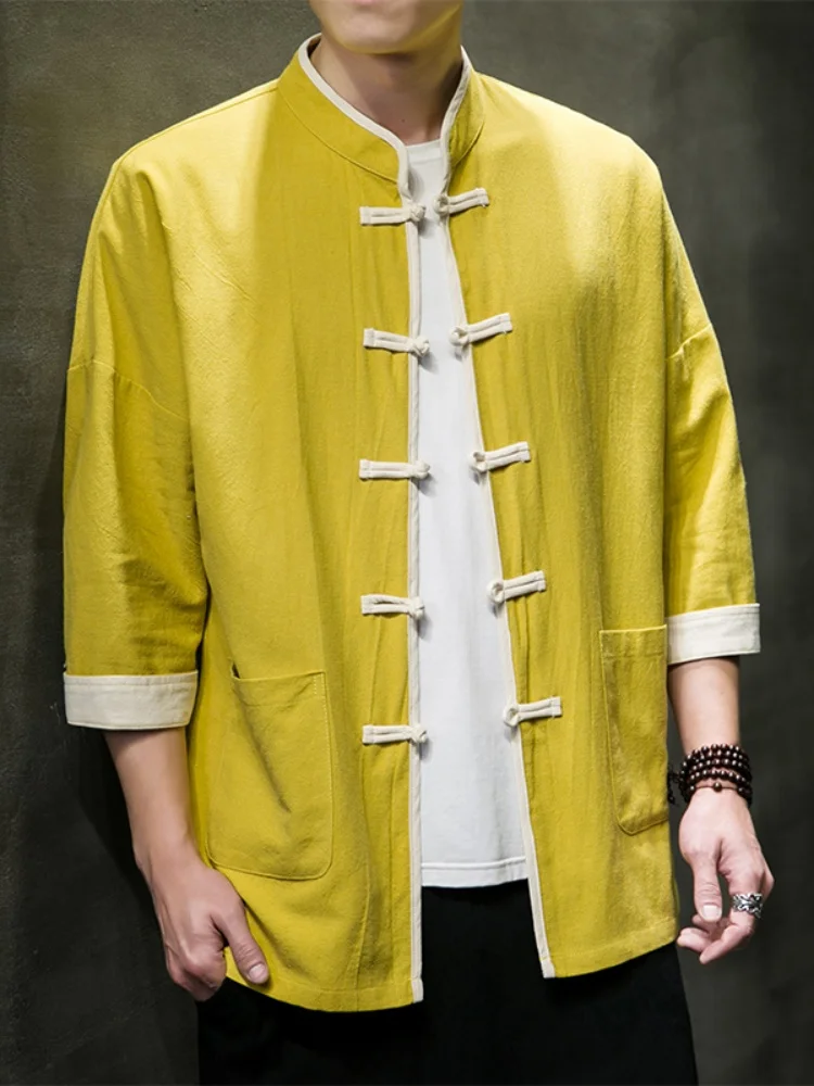 

Linen Cotton Men's irt Summer New Chinese Sle Loose Fit Button up Breathable ort Sve Retro Hanfu Tang Costume