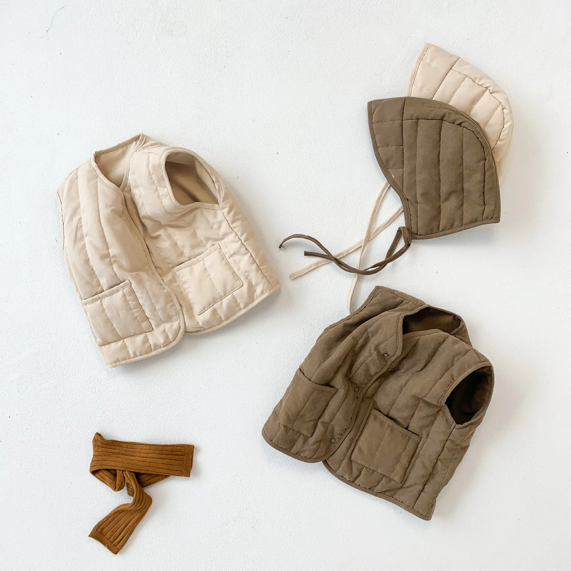 Ins Autumn Winter Warm Infant Cotton Coat Boy Children Solid Cardigan Sleeveless Tops Vest Newborn Girl Thicken Waistcoat + Cap