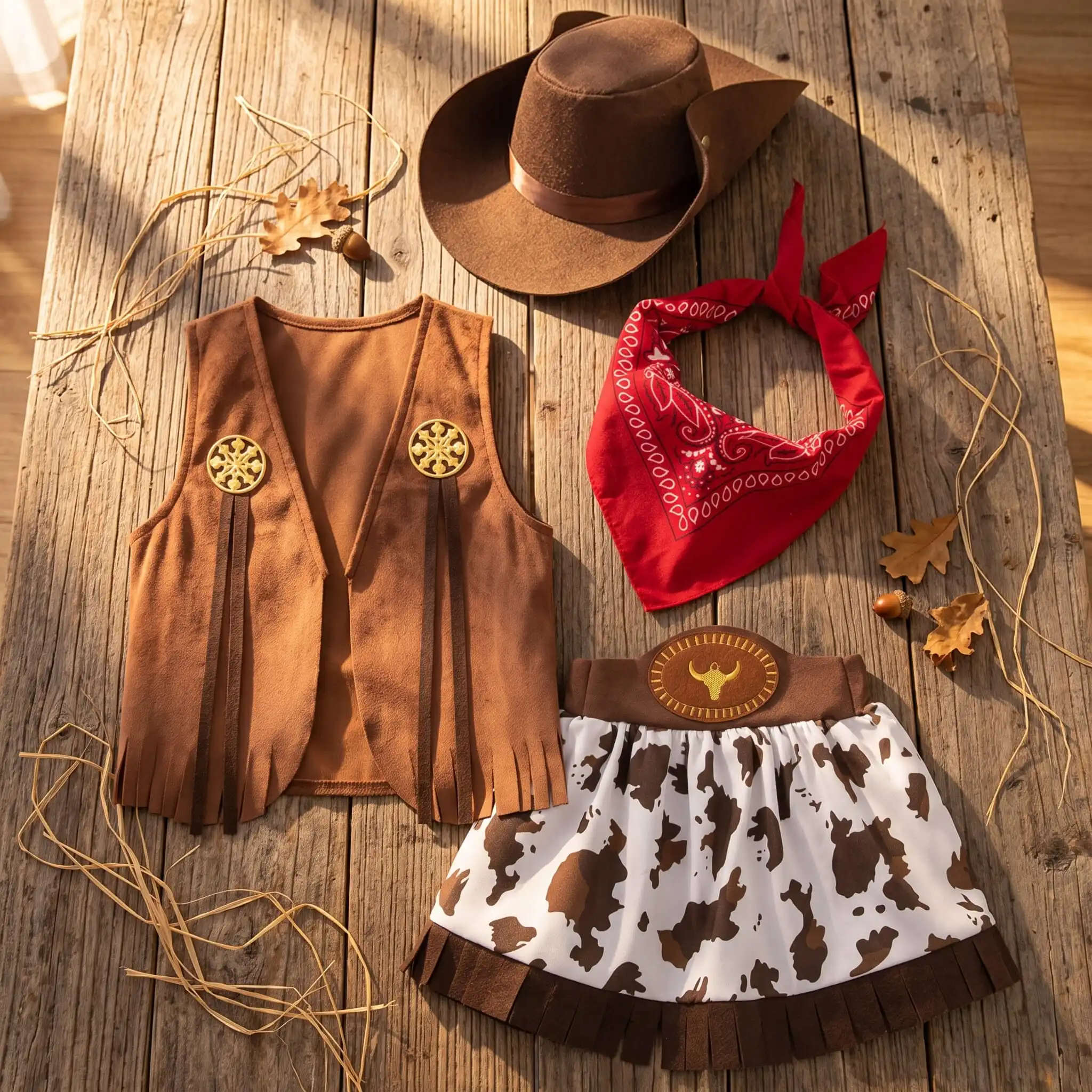 Children Western Style Costume Set Polyester Fringe Vest and Animal Print Skirt with Hat for Themed Dress Up Role Play Parties