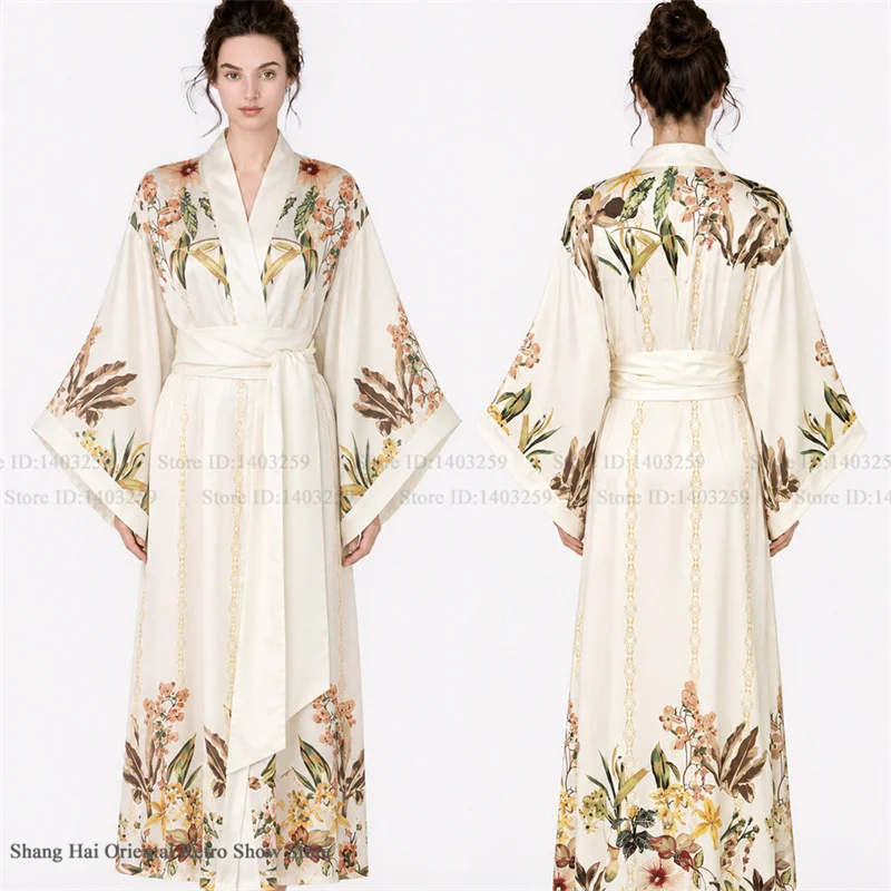 Print Flower Female Long Robe Big Sleeve Kimono Bathrobe Gown Spring Summer Silk Satin Sleepwear Night Dress Loose Homewear image 3