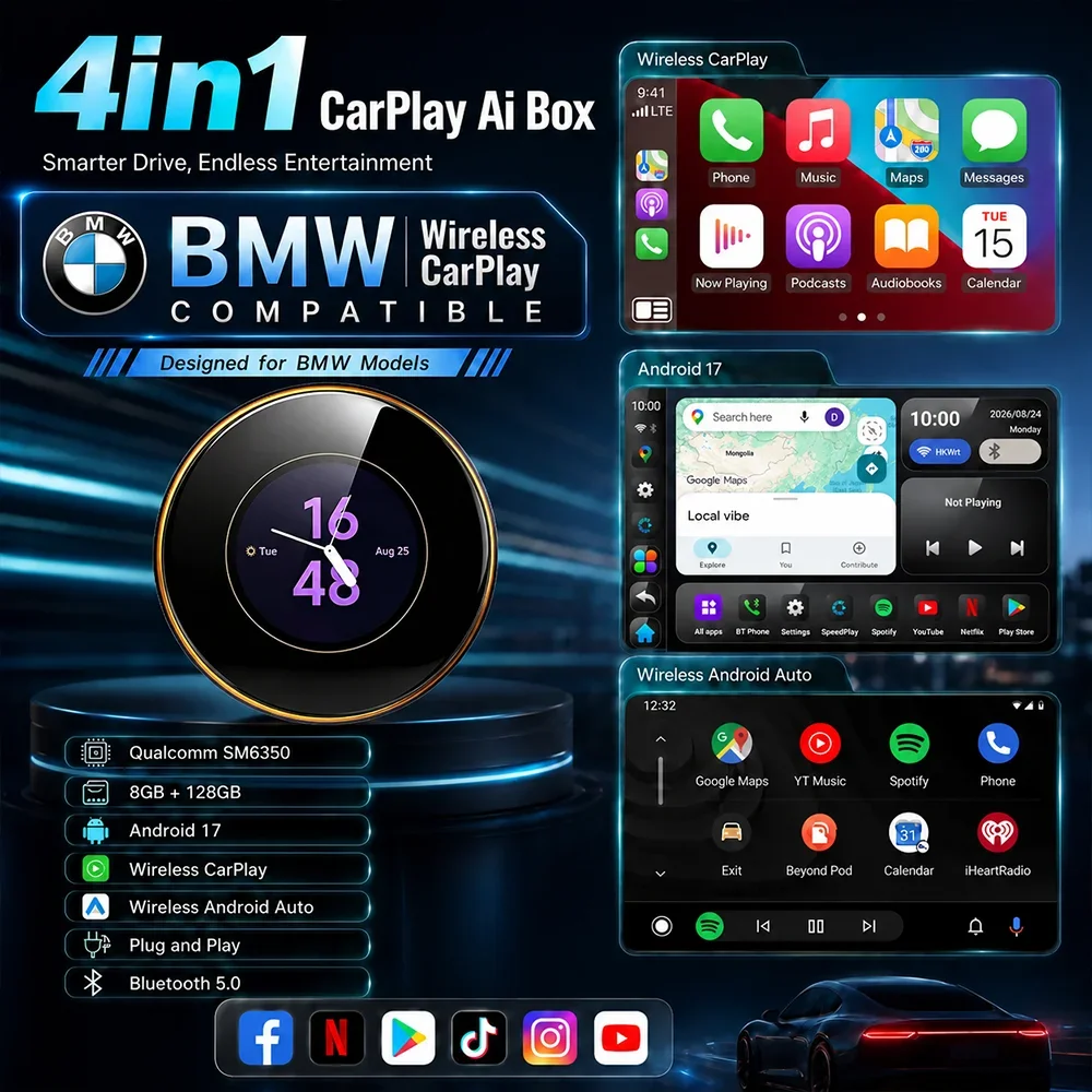 Touchable Android 17 CarRocket Android Auto Wireless CarPlay AI TV Box QCM6350  8-Core Split Screen128G For BMW Play Store