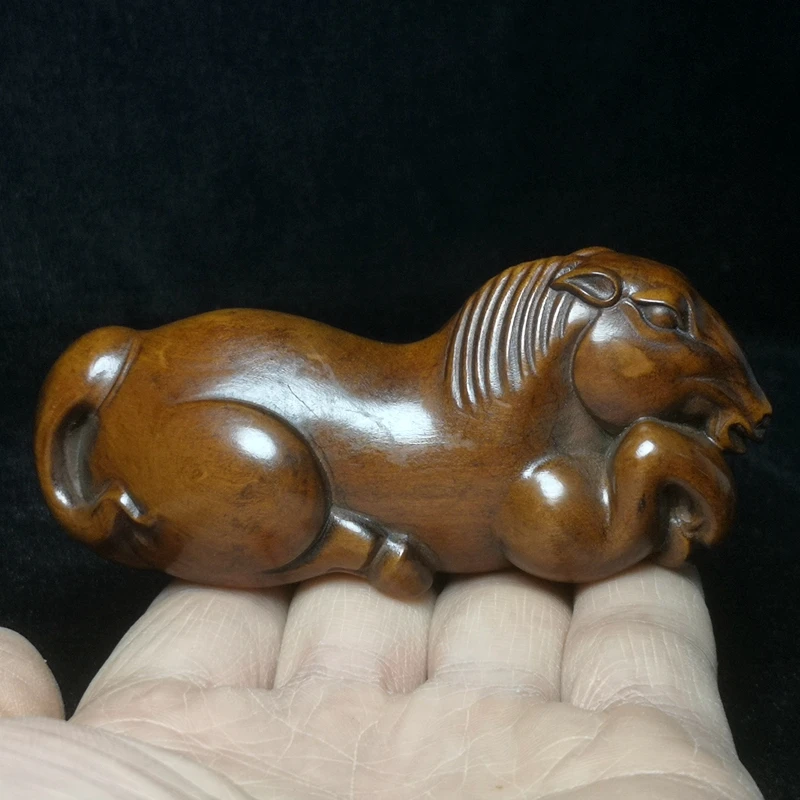 

1919 Antique art Size 3.8 Inch Old Chinese Hand carved Boxwood Wood Horse Figure Statue Netsuke Home Decoration Gift Collection