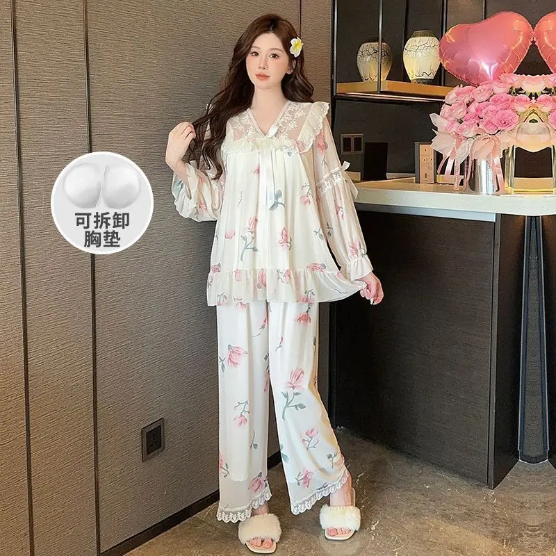 

Милые пижамные комплекты Kawaii для женщин: весенне-осенние пижамы с длинным рукавом, корейский стиль, с кружевом, для сна и дома