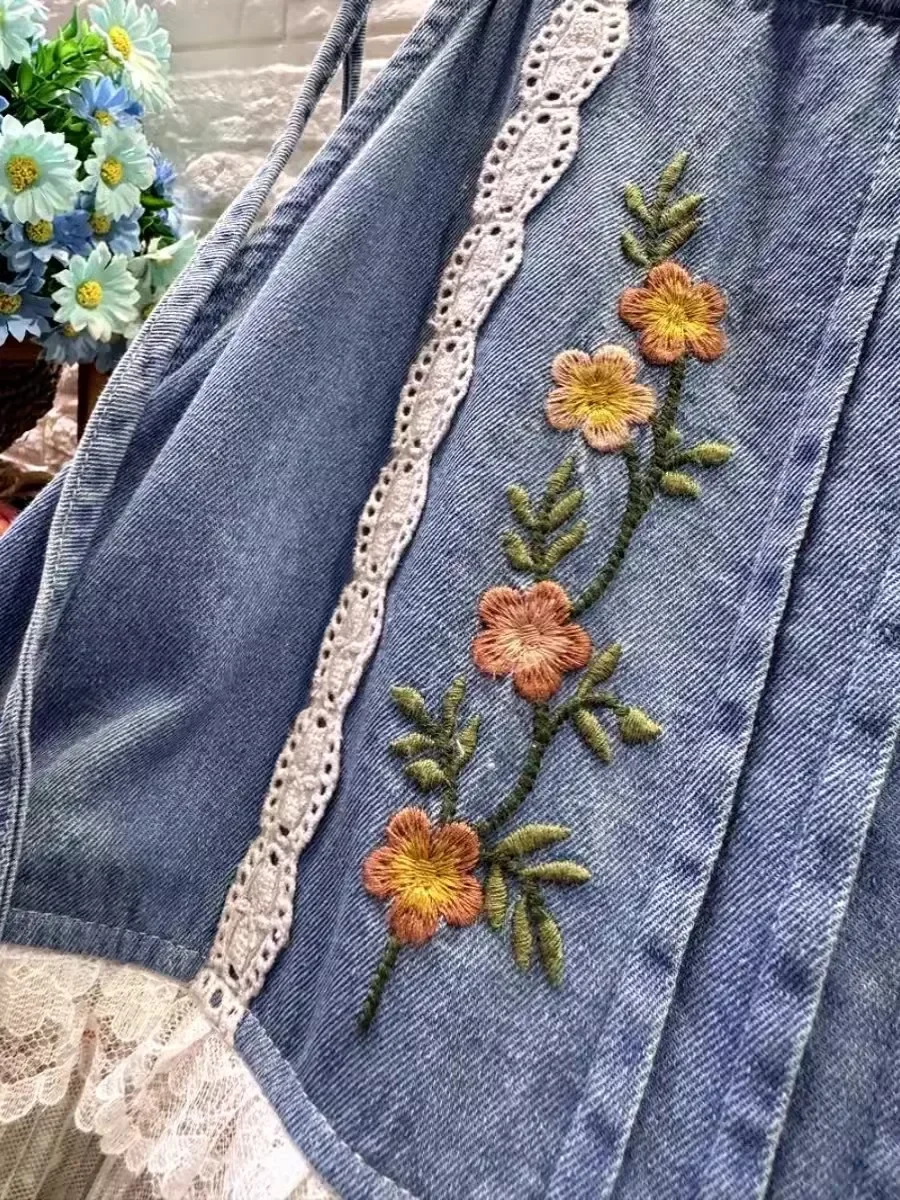 Sommer Vintage Denim Patchwork Midi Langes Kleid Strand Cottagecore Boho Bohemian Gypsy Hippie Ibiza Ärmelloses Mori Mädchen Kleid