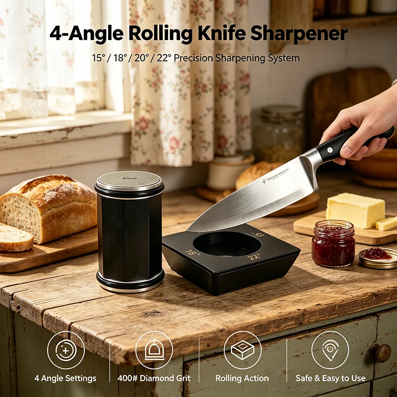 New Professional Octagonal Roller Knife Sharpener 4-Angle 15/18/20/22° Diamond Grinder Wooden Base With Magnet Chef Kitchen Tool