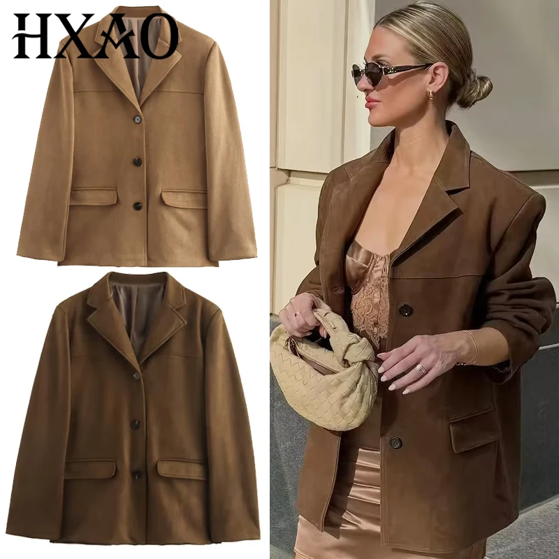 HXAO Women's Blazer Suede Jacket Spring 2025 Outerwears Brown Long Sleeve Blazer Vintage Solid Fitted Coat Old Money Jackets 066