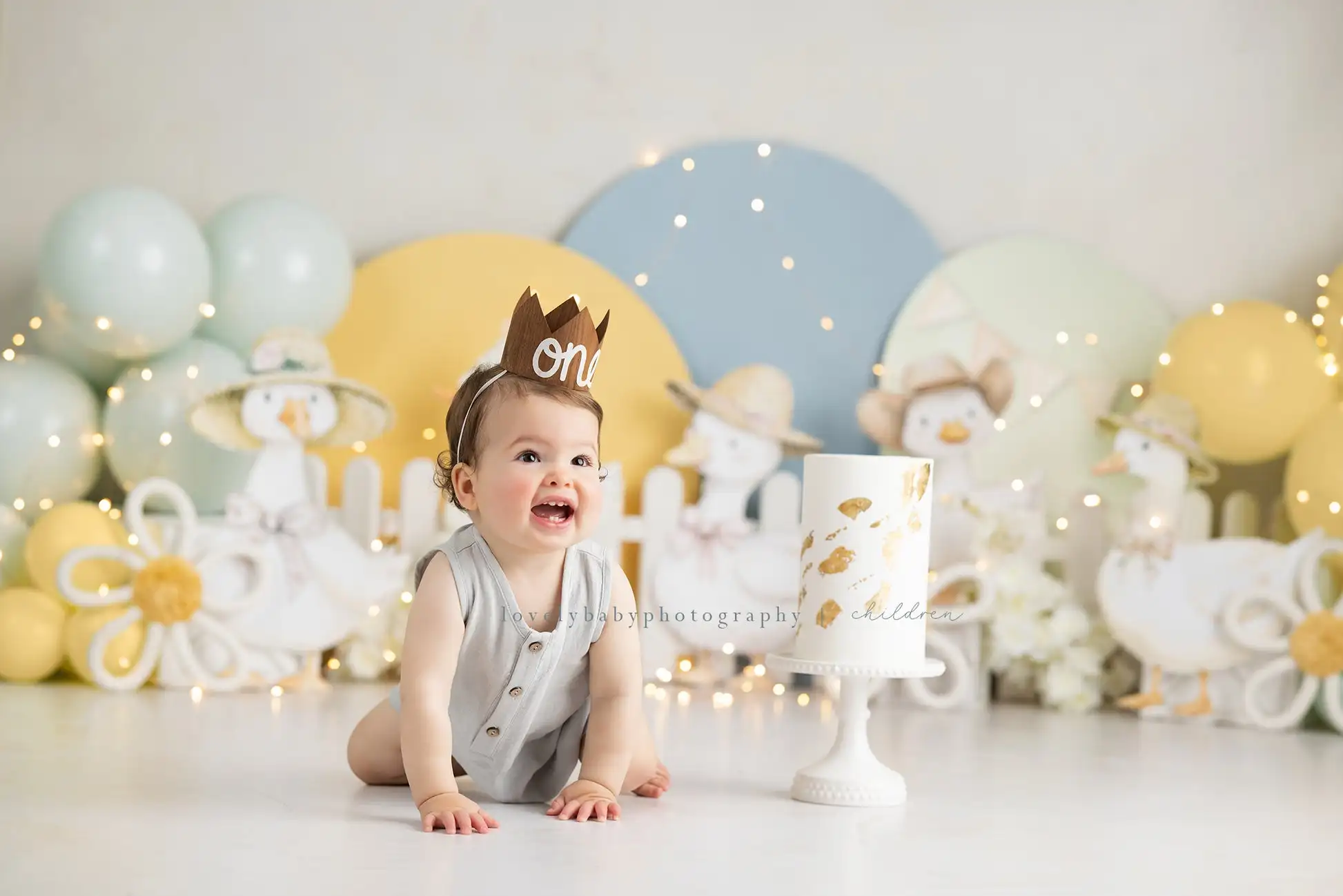 Urocza Głupia Gęś z Kwiatowymi Łukami Tła Dziecięce Baby Cake Smash 1 Roczek Rekwizyty Ogród Drewniany Płot Dekoracja Tło — zdjęcie produktu 3